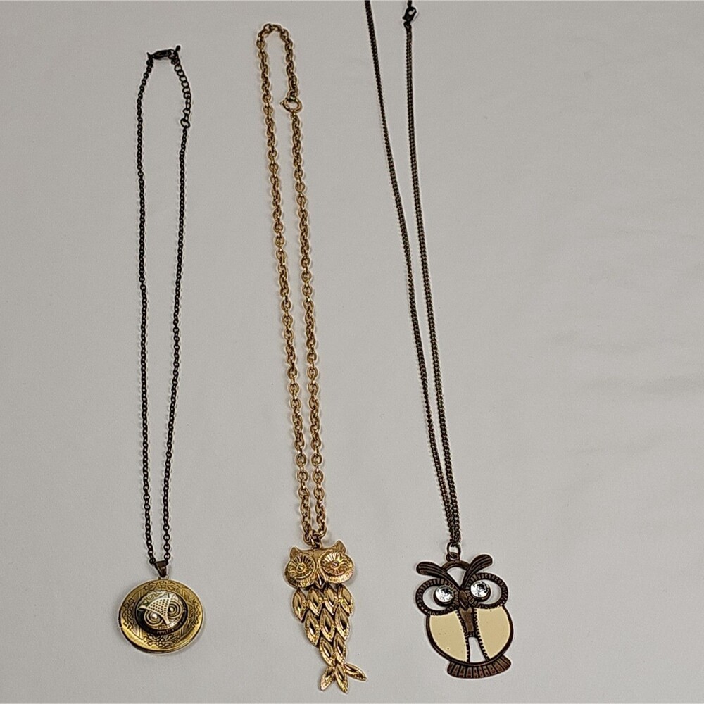 Lot of 3 Vintage Owl Pendant Necklace 1970s Costume Jewelry Boho Retro